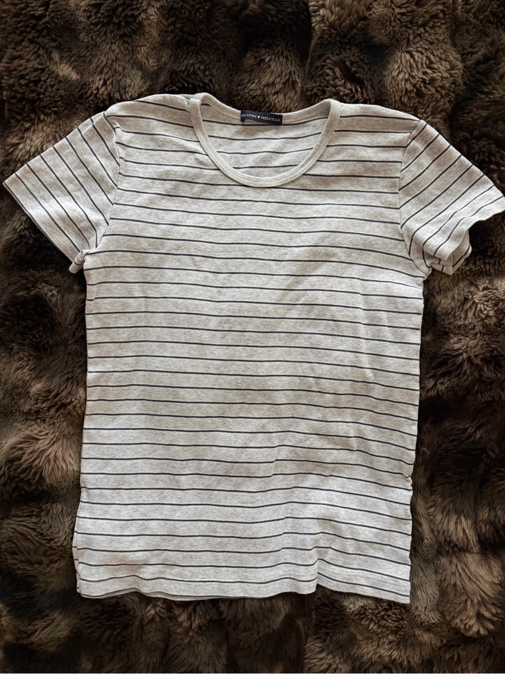 Brandy Melville Light Gray & Navy Striped Crewneck Tee Shirt